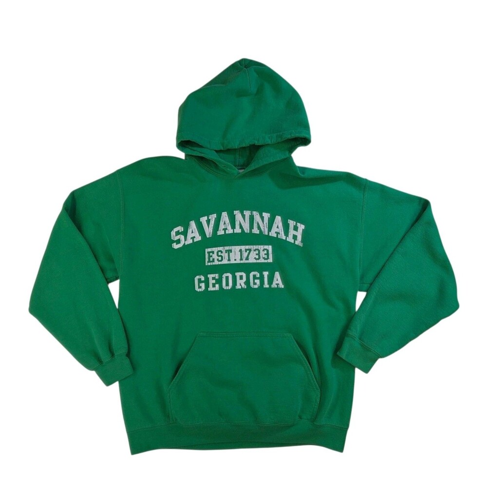 Savannah Georgia Hoodie Sz Large Kelly Green Gildan Heavy Blend Beach Pullover